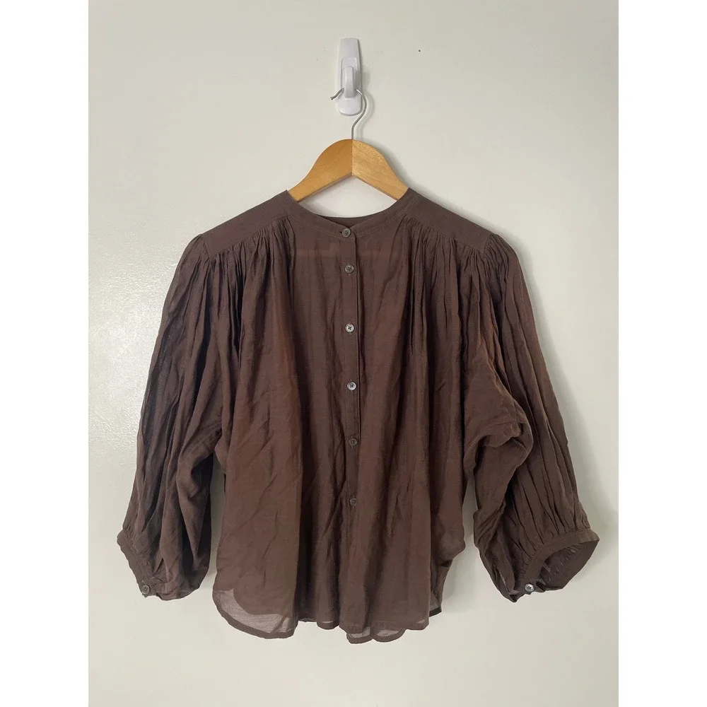 NWT Madewell Balloon Puff Sleeve Top Pleated Button Front Small‎ Brown NU464